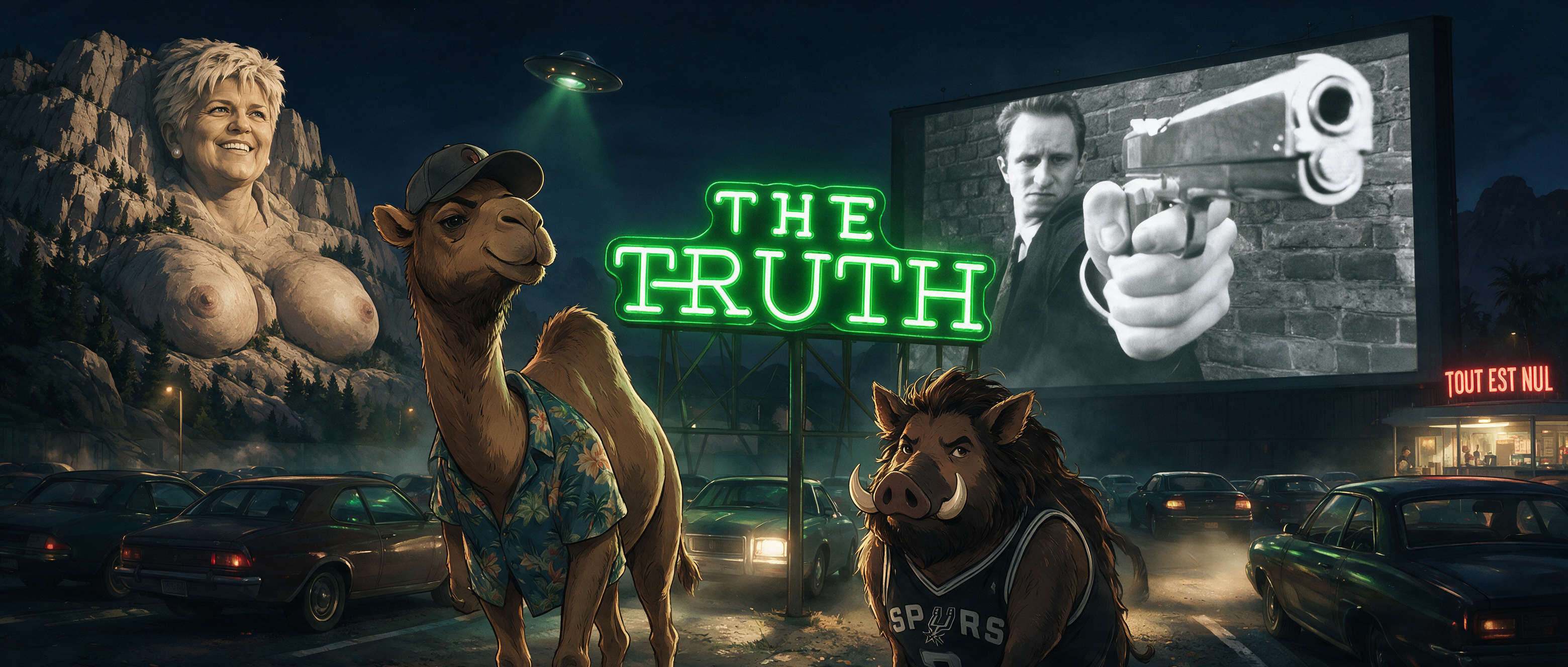 Illustration drive-in nocturne : un chameau en chemise hawaïenne et un sanglier en maillot Spurs devant un écran géant affichant THE TRUTH, avec des ovnis dans le ciel